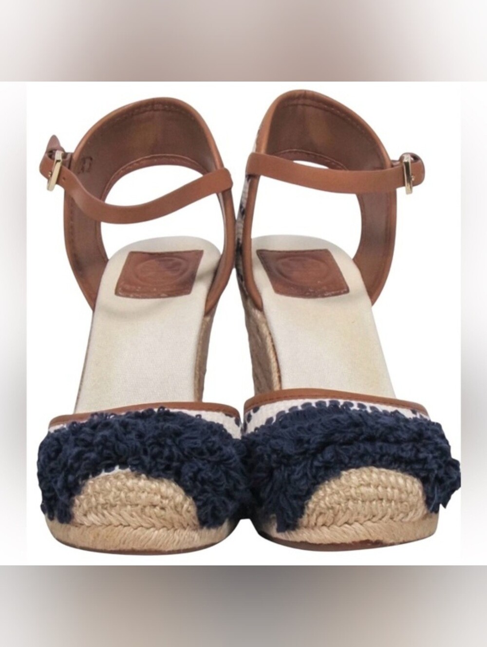 Tory Burch Shaw Espadrille Wedge Sandals In Navy Sea & Royal Tan Sz 8 - Picture 3 of 13